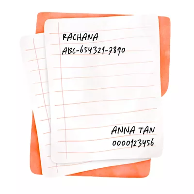 Handwritten note from Rachana (ABC-654321-7890) to Anna Tan (0000123456).