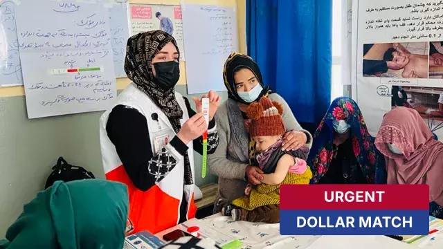 Medical worker measuring child nutrition with urgent dollar match label